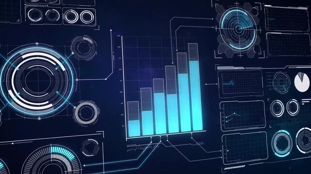 Futuristic digital interface with glowing blue bar charts and data graphs
