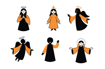 Obraz premium Set of cute angel characters with orange and black robes and halos in different poses for religious holidays and spiritual design