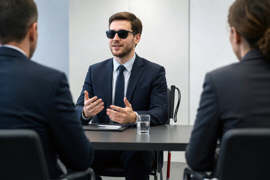 A blind Caucasian man answers interviewers confidently across a corporate table, his folded cane nearby. Equal employment opportunity and competence
