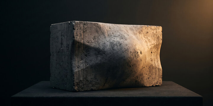 Weathered concrete block with organic bulging deformation on surface standing on pedestal for architectural texture design and structural exploration art.