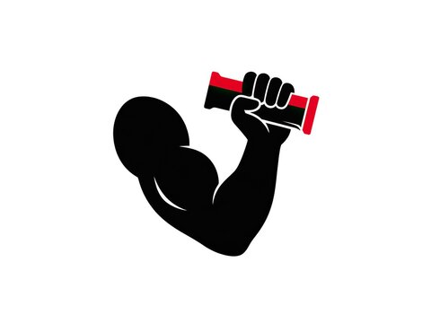Athletic protein bar logo combining a simplified flexed arm with a small rectangular snack bar in the hand, strong black silhouette with a red accent on white background.