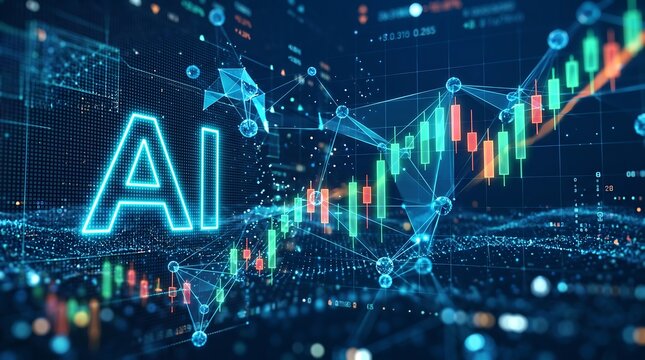 AI Artificial Intelligence Technology with Futuristic Data Analytics Dashboard, Financial Market Growth Chart, Machine Learning Innovation and Digital Business Transformation