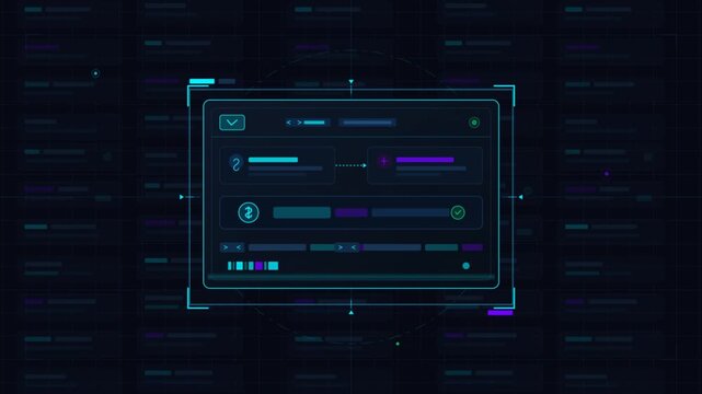 Futuristic dark mode HUD interface with cybernetic data visualization