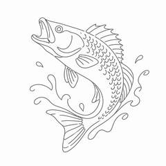 Obraz premium Jumping Bass Fish Line Art Vector Illustration