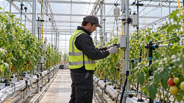 Fiber technician maintaining optical sensor network inside a greenhouse facility
