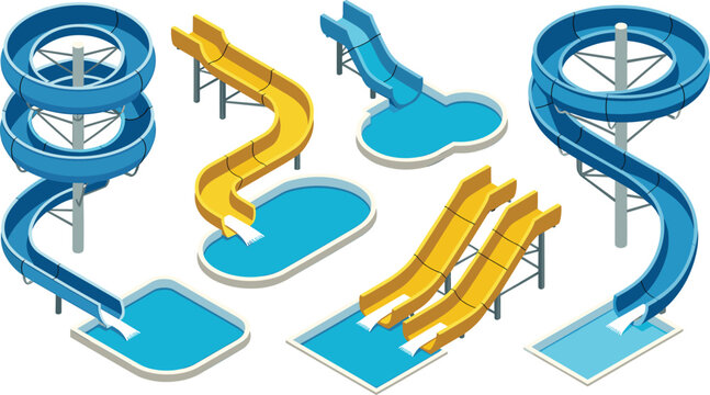 Isometric water park vector collection with spiral slides, steep tubes, and swimming pools for modern outdoor summer amusement park design isolated on white