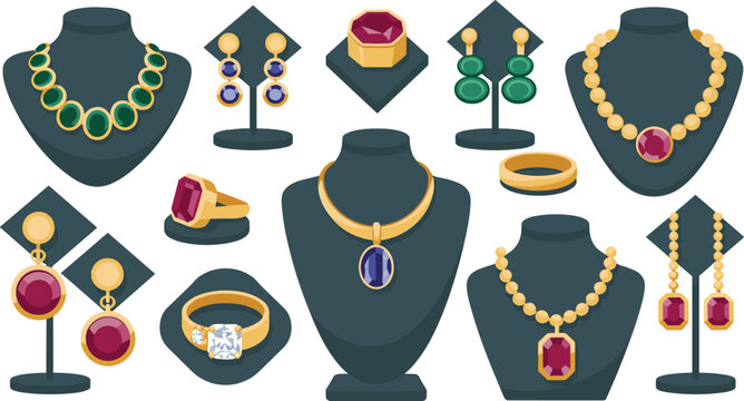 Luxury jewelry vector collection with gold necklaces precious gemstone rings and elegant diamond earrings on display stands for boutique retail store concepts