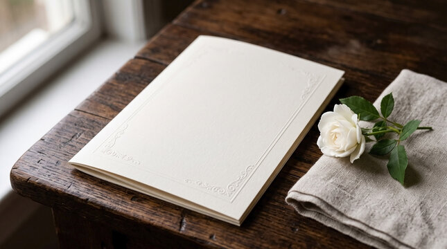 Blank funeral program booklet displayed on rustic wooden table with delicate white rose. Elegant funeral program design features subtle embossed border, ready for personal text or memorial details.