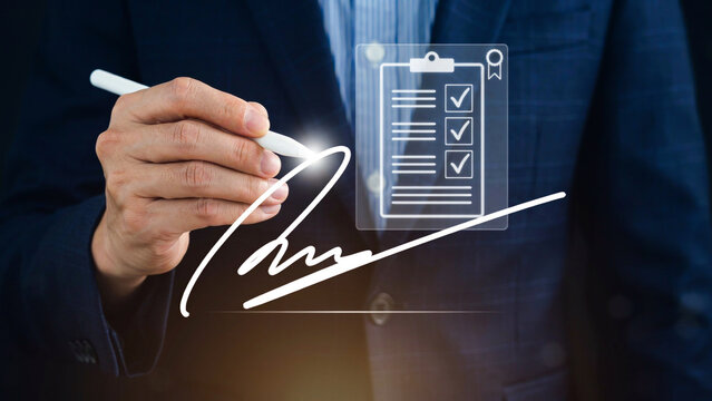 Businessman signing digital document with stylus pen photo illustration