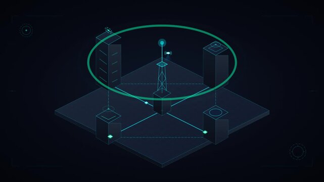 Isometric digital network visualization with glowing data nodes and radar ring