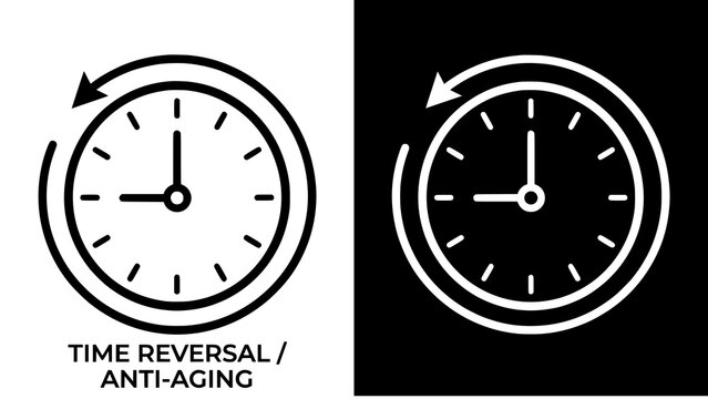 Time reversal and anti-aging clock icon set in black and white styles with age reversal