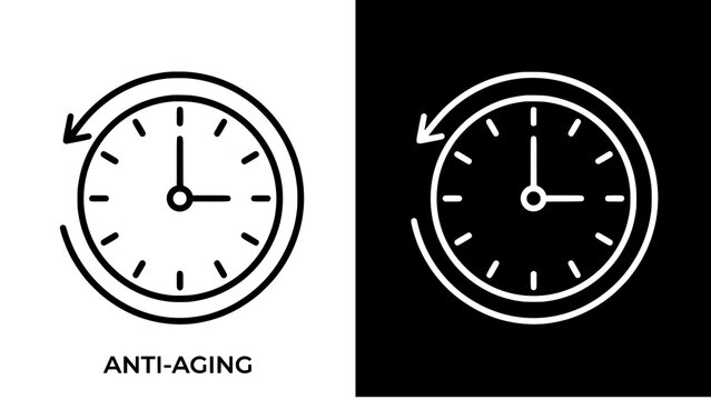 Anti-aging clock icon with time reversal arrow in black and white
