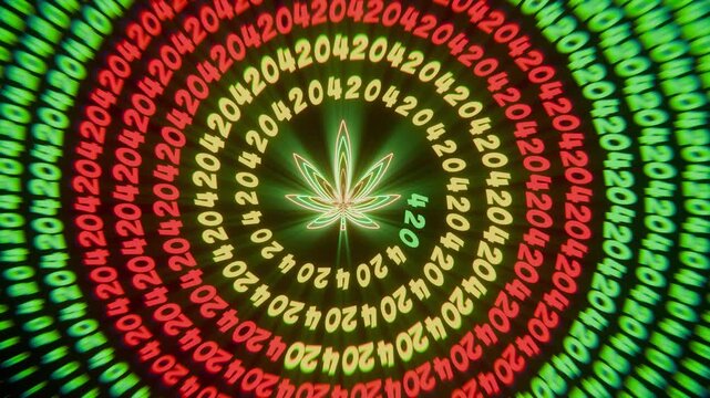 3d motion graphic of 16:9 cannabis 420 twisted numbers tunnel with neon glowing leaf appearing and fading out