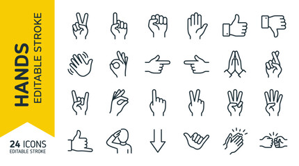 Set of 24 hand gesture line icons with editable stroke for UI design © Galih Yrg