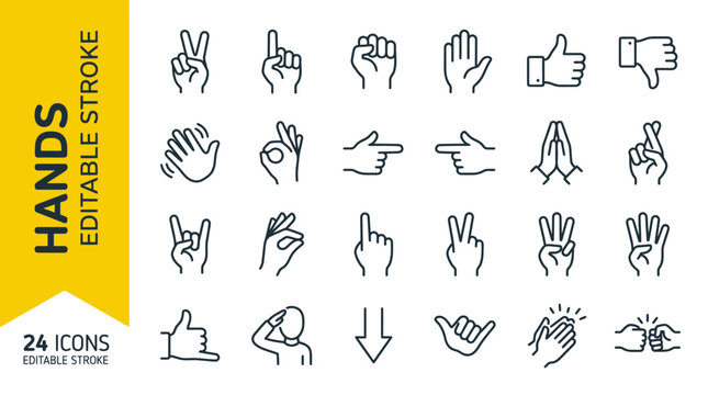 Set of 24 hand gesture line icons with editable stroke for UI design