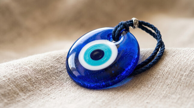 Decorative blue glass evil eye pendant on soft fabric background. Blue glass amulet designed with concentric circles offers cultural significance and protection against negative energy.