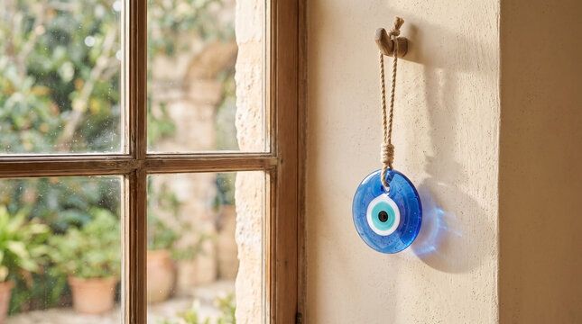 Blue evil eye hanging decoration by window with natural light. Decorative blue talisman symbolizes protection and good luck in home decor, adding cultural significance to interior design.