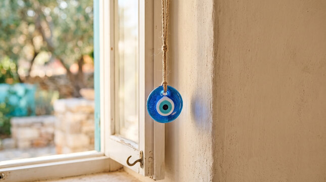 Blue evil eye ornament hanging from window with natural light streaming in. This blue evil eye charm symbolizes protection and warding off negative energy in various cultures.