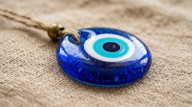 Beautiful blue glass talisman with white and black eye pattern reflecting on linen fabric. Decorative glass talisman is believed to protect against negative energy and bring good fortune.