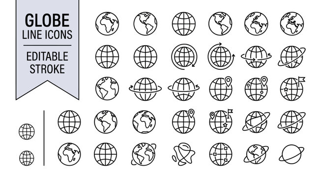 Set of globe line icons with editable stroke for global business design