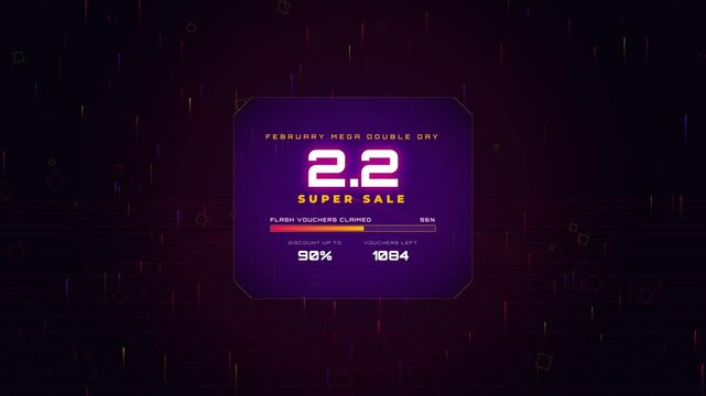 Futuristic 4K motion graphic stock asset for 2.2 February Double Day sales, featuring glowing neon gold and red octagonal HUD layout, dynamic cyber grid particle streams, live percentage gauge