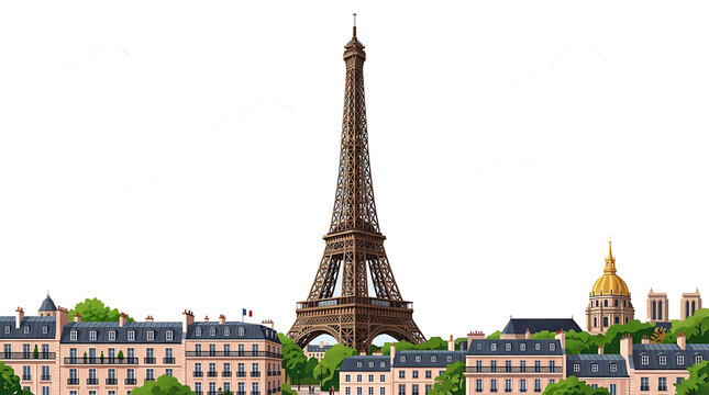 Eiffel tower with parisian buildings and white clouds on a black background