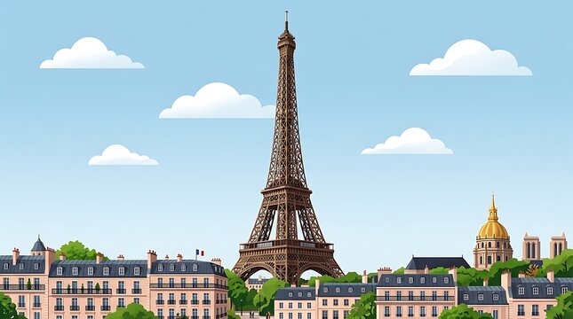 Eiffel tower with parisian buildings and white clouds on a blue background