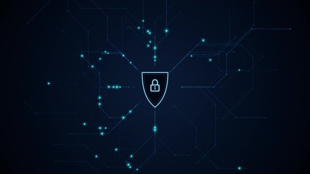 High tech cybersecurity data protection animation featuring a highly accurate glowing padlock shield, 45-degree circuit board traces, and pulsing digital data nodes for network security.