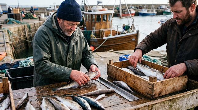 Fishermen working at harbor cleaning fresh fish in wooden crates. Seaside fishing scene captures hardworking fishermen preparing seafood with fresh catch on a beautiful morning.