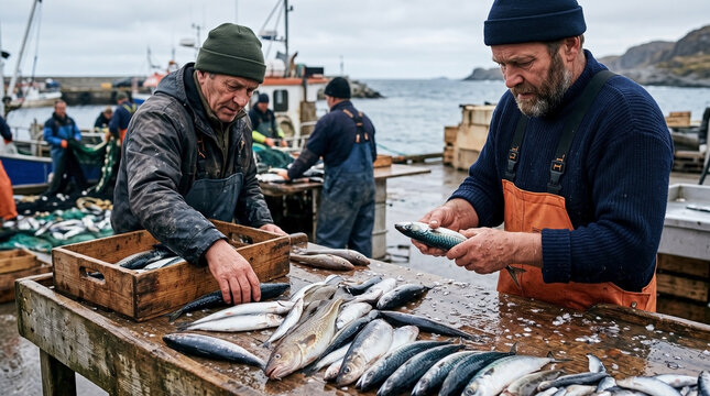 Fishermen sorting fresh catch at fish market with vibrant selection of seafood on wooden table. Fishermen display assortment of fish including mackerel and herring, optimizing their daily haul.