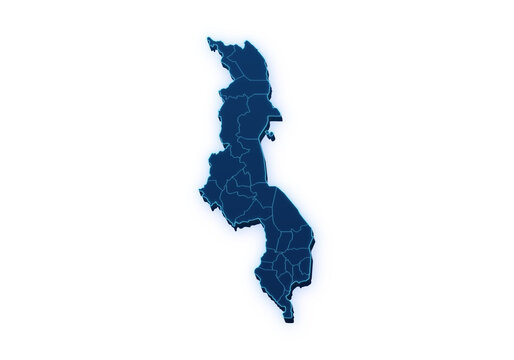 Neon blue pseudo 3D map of Malawi with administrative regions isolated on transparent background