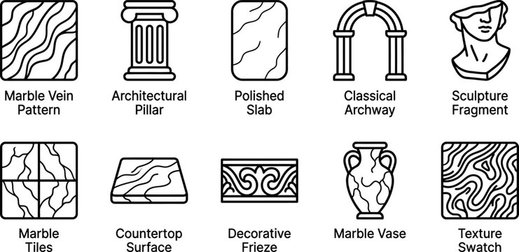 Marble texture and architectural elements icons set featuring classical pillars tiles slabs and ancient art