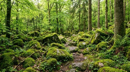 Fototapeta premium Enchanting woodland scenery featuring vibrant green mossy boulders along a peaceful forest hiking path in summer