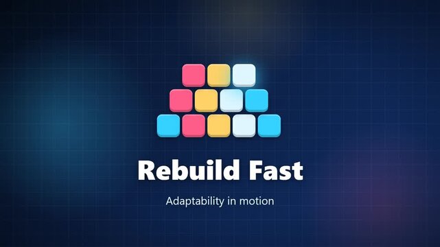 Blocks lift and spin into a new pyramid, rebuilding a system fast, seamless loop