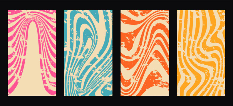 Set of Four 60s and 70s Style Retro Distressed Wavy Graphic Design Templates with Groovy Liquid Marble Artwork Layouts