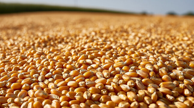 Freshly harvested yellow corn kernels piled up in an open field under natural sunlight. Agricultural industry concept for food supply and grain storage.