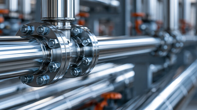 Shiny stainless steel industrial pipe system with bolted flanges. Perfect for engineering, manufacturing, and chemical plant infrastructure concepts.