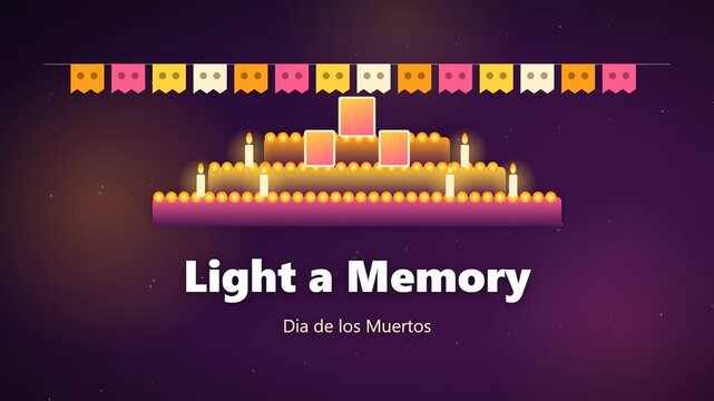 Dia de los Muertos ofrenda animation with rising tiers, marigolds and lighting candles, seamless loop