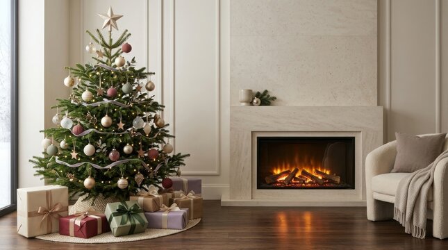 Decorated Christmas tree with gifts beside a modern fireplace in a cozy living room