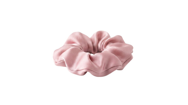 Pink silk scrunchie hair tie, elegant satin fabric hair band, soft pastel beauty accessory for women fashion and hairstyling isolated PNG with Transparent Background