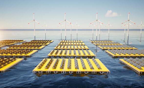 Floating solar panels with wind turbines on offshore platform