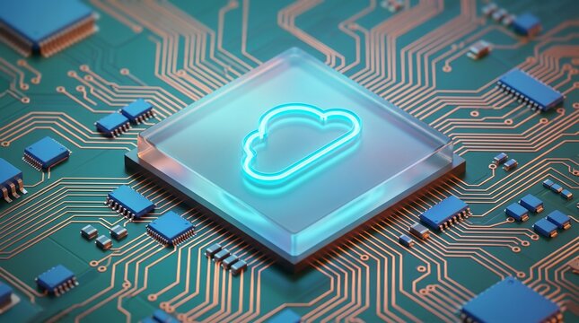 A glowing blue cloud icon on a central microprocessor mounted on a green circuit board with luminous cloud