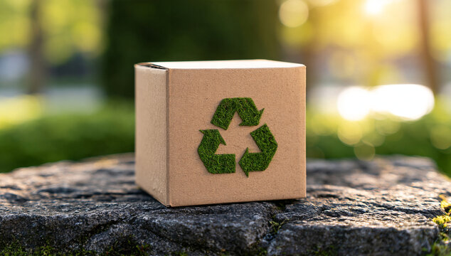 A cardboard box with a textured grass recycle symbol sits on a mossy log at sunset. Eco-friendly packaging concept for sustainable business practices.