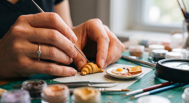 Croissant miniature sculpted from polymer clay using modeling tools for dollhouse culinary craft hobby