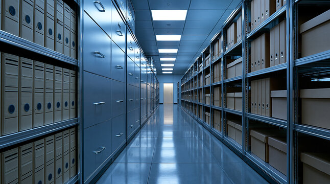 Rows of document binders and filing cabinets in a sterile modern archive room. Concept for data management, corporate information storage, and legal record keeping.