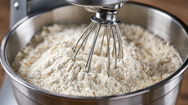 A stand mixer whisk mixing flour in a metal bowl close up. This professional baking scene represents home cooking and pastry preparation concepts.