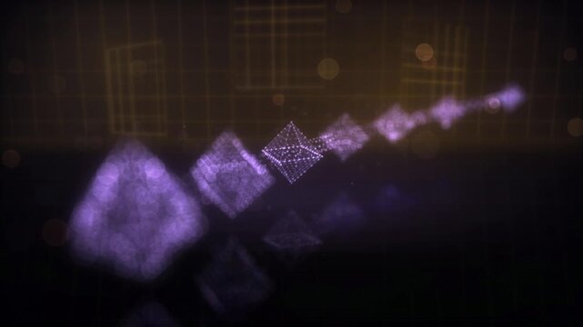 Abstract purple glowing geometric particles arranged in a sequence against a dark grid background