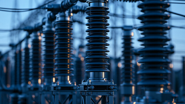 High voltage ceramic insulators at an electrical substation during twilight. Industrial energy infrastructure concept for power supply and technology advertisements.