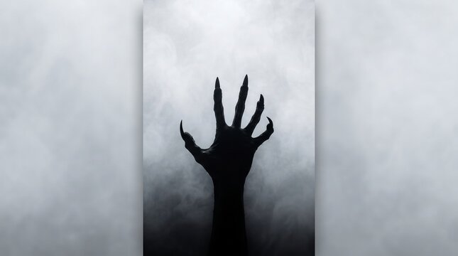 Shadow overlay effect for halloween background with Terrifying scary hands with long nails, Creepy monster claw, silhouette of hands transparent background, zombie hand rising out of a graveyard