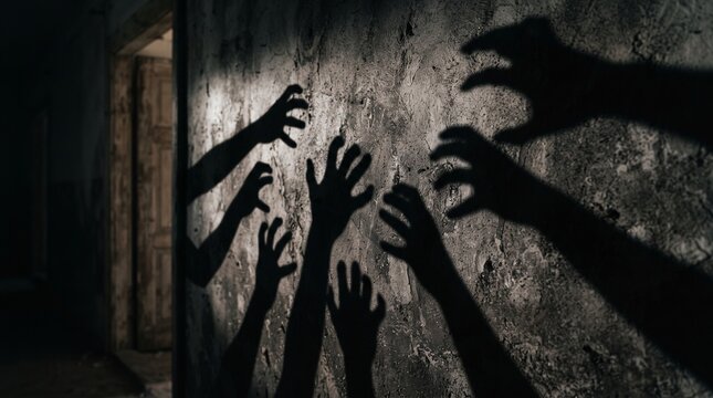 Shadow overlay effect for halloween background with Terrifying scary hands with long nails, Creepy monster claw, silhouette of hands transparent background, zombie hand rising out of a graveyard